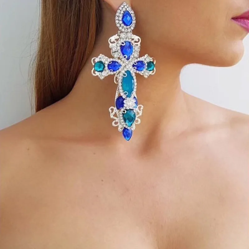 Luxury Gorgeous Blue Crystal Stone Cross Pendant Earrings for Women Baroque Fashion Drops Dangle Big Earring Jewelry Украшения и