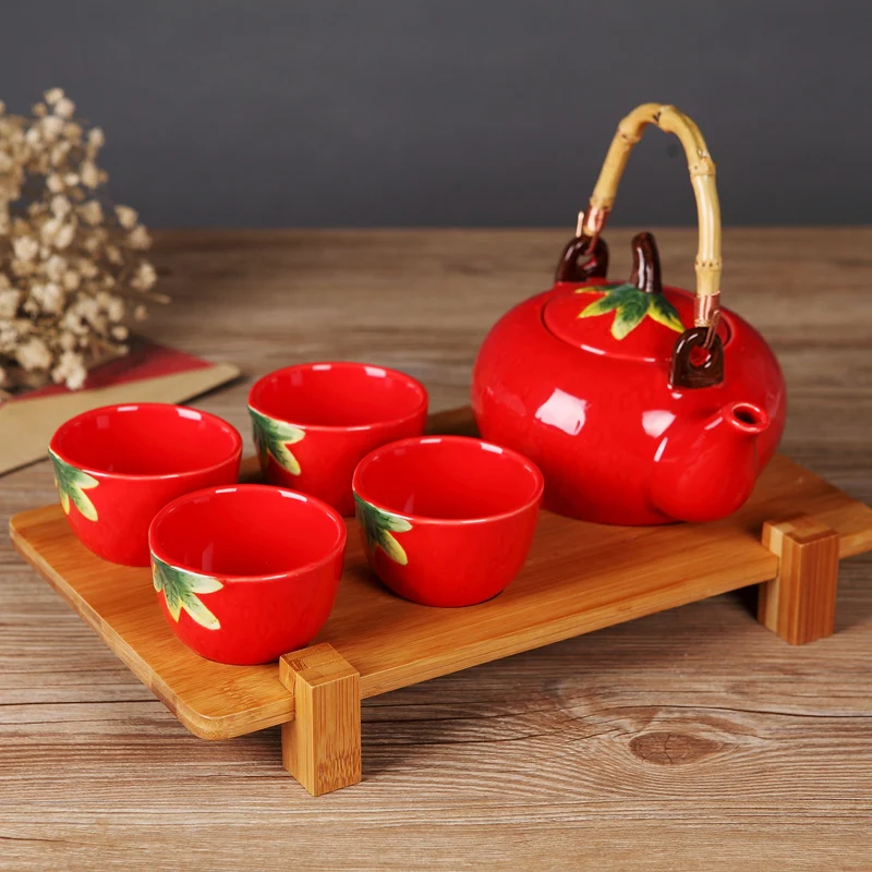 

6pcs/set Ceramic Tea Set Kung Fu Cup Creative Gift Flower Tea Fruit Shape Teapot Suit Tea Tray Lovely TeaWare Watermelon Cup