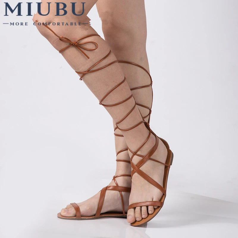 

MIUBU Plus Size 5-10 Fashion Gladiator Sandals Women Sexy Cutout Knee High Sandalias Summer Style Casual Flip Flops Shoes