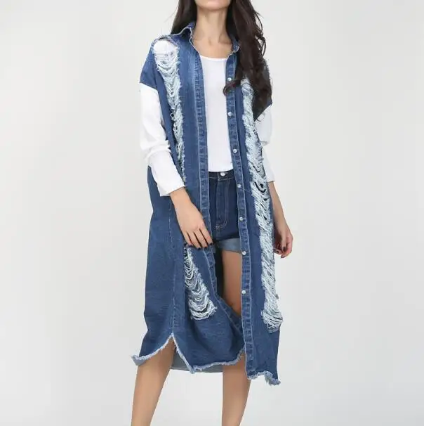 Dark Blue TWOTWINSTYLE джинсовый Тренч с дырками для женщин, Осень-зима, джинсы с длинным рукавом, большой размер, Женская ветровка, пальто, одежда - Цвет: Dark Blue
