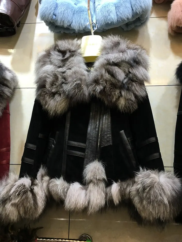 silver collar Куртка из натуральной свиной кожи с воротником из лисьего меха, короткое дизайнерское женское осенне-зимнее теплое пальто, женская модная верхняя одежда - Цвет: silver collar