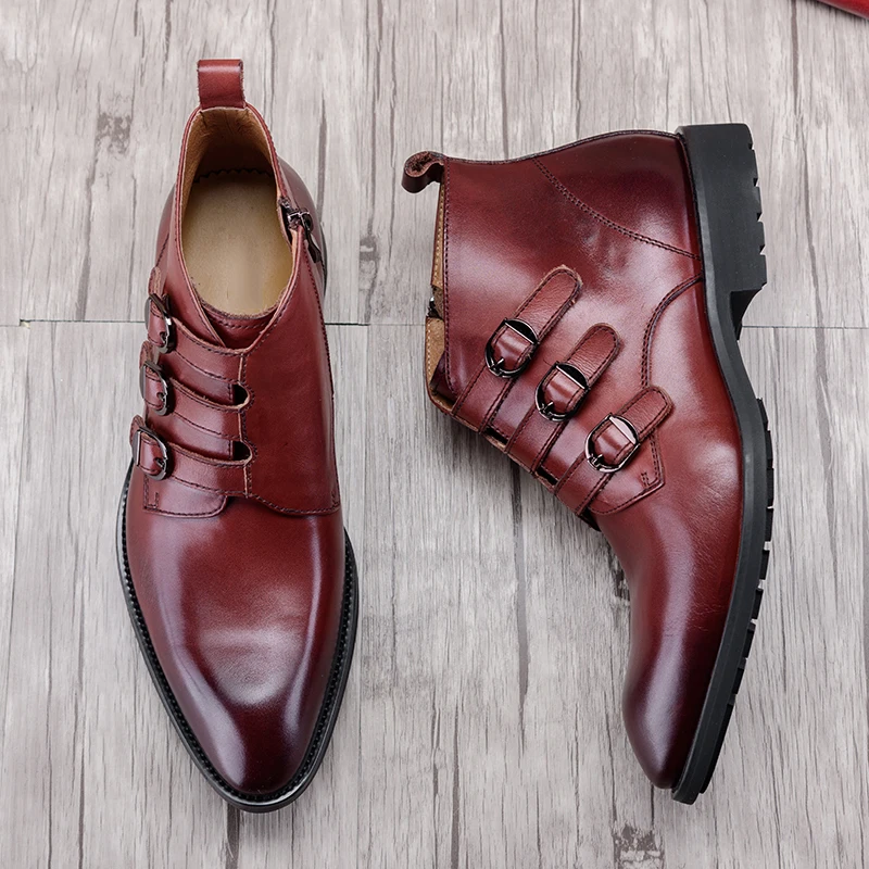 PJCMG/мужские ботинки высокого качества Цвет черный красный с ремешком и пряжкой