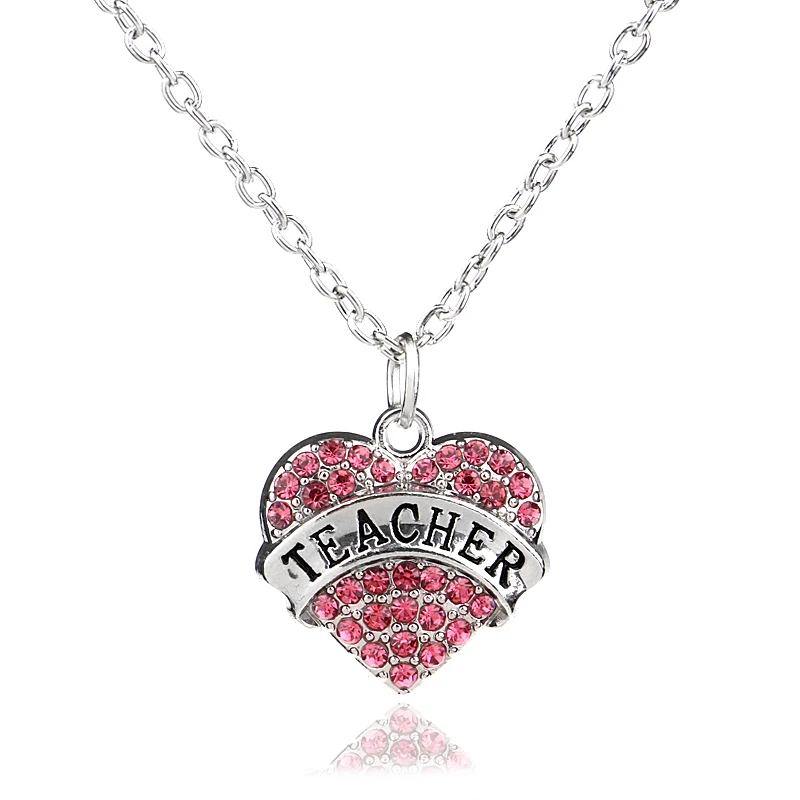 Teacher Necklace Прекрасный розовый Хрустальное сердечко любовь ожерелье с подвеской Семья лучшие друзья подарок для мамы дочки сестра Для женщин Цепочки и ожерелья цепь - Окраска металла: Teacher Necklace