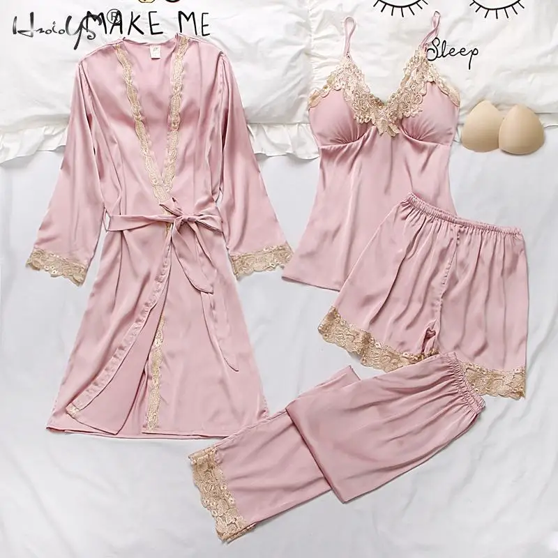 Женский пижамный комплект пижама из сатина с золотыми кружевной кромкой 4