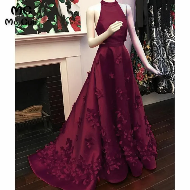 

Elegant 2018 Burgundy Evening Dresses Long with Flowers Halter Sweep Train Formal Evening Party Dress for Women