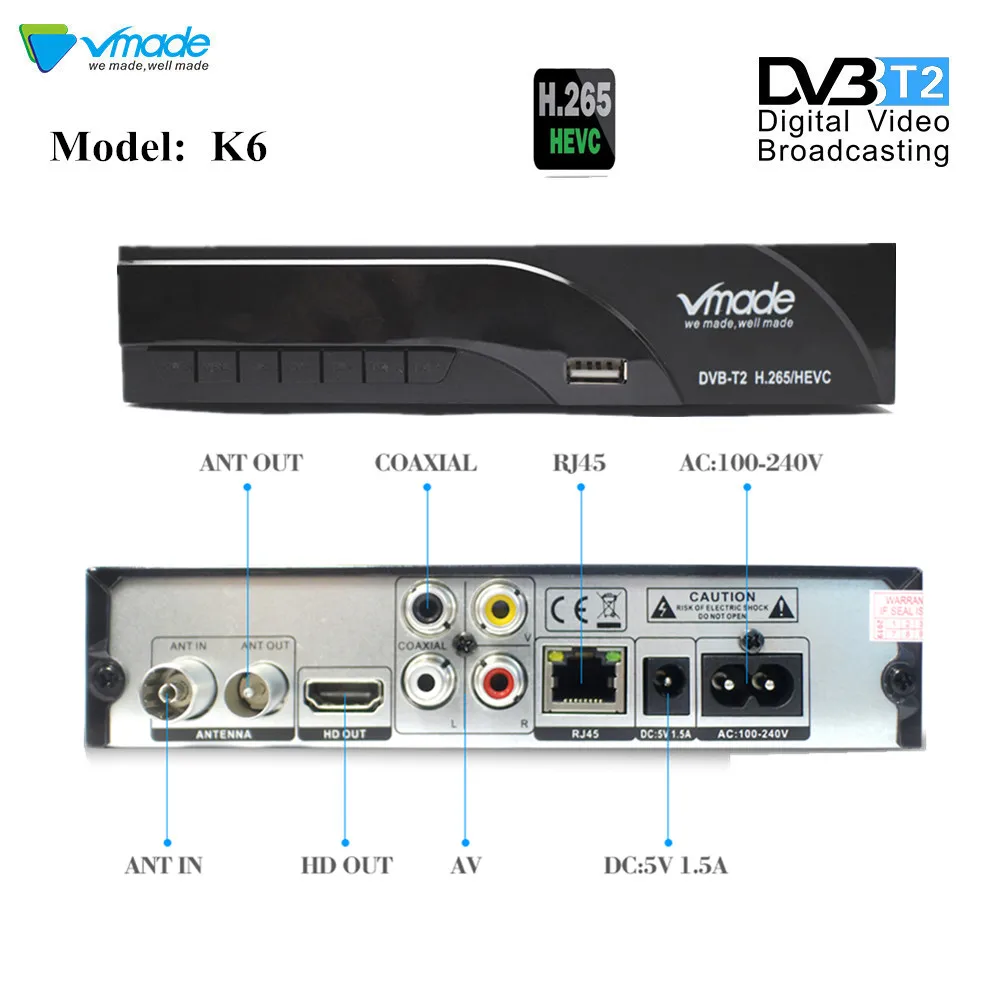 T2-K6 K6 DVB-T2 эфирный ТВ приемник HD цифровой 1080p ТВ тюнер HEVC H.265 ТВ приемник Поддержка Youtube RJ45 телеприставка DVB T2 - Цвет: T2-K6