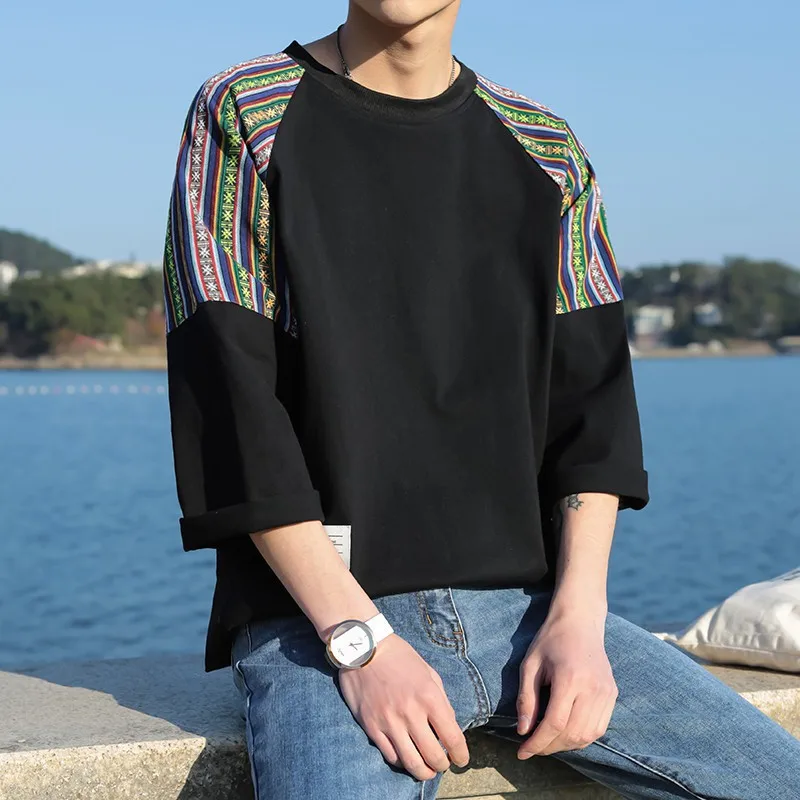Половина рукава Богемия Вышивка Лоскутное чистый футболки для мужчин Уличная 2019