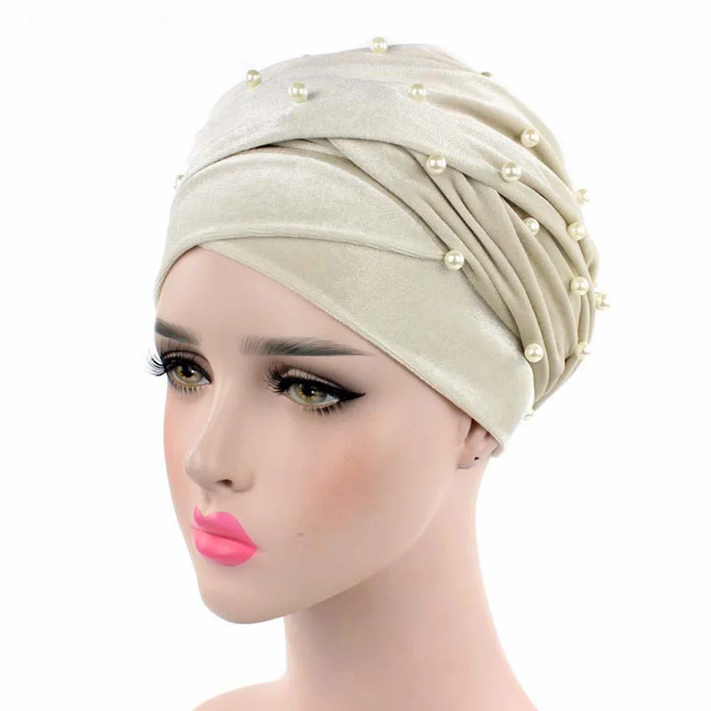 beige Женские Роскошные Жемчужные бархатные длинные банданы, выпадение волос, головной убор, шапка, мусульманский тюрбан, индийский длинный шарф-снуд на голову, хиджаб - Цвет: beige