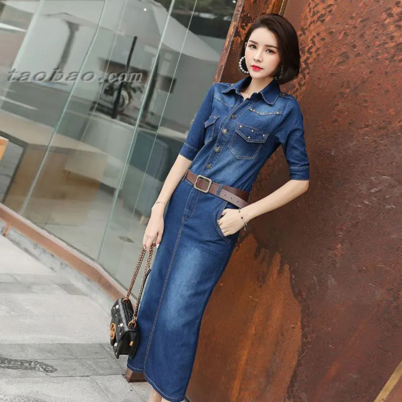 2019 Women Denim Dress Half sleeve With Belt Package Hip Blue Jean Spring Fashion Pencil Hot Sell Cowboy Female G231 | Женская одежда