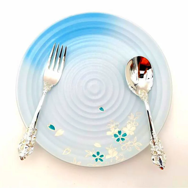 Керамическая обеденная тарелка розового и синего цвета с цветком сливы поднос