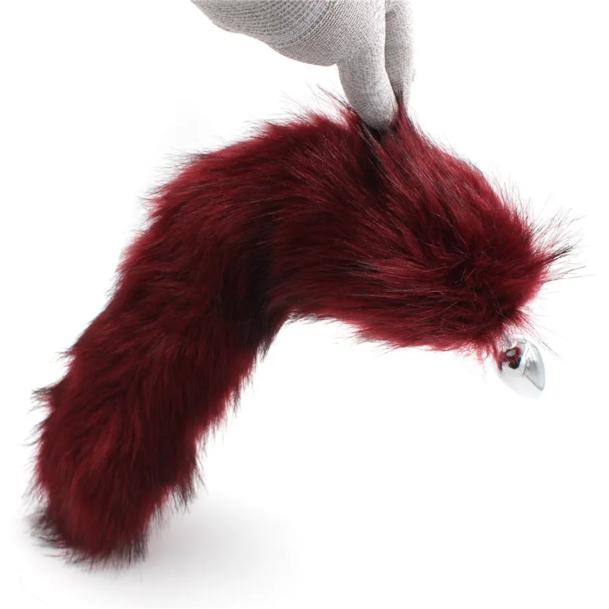 Wine Red Artificial Fox Tail Plush Fur With Metal Anal plug 40cm Long Butt Sex Toys cosplay Role Play Drop Shipping | Красота и