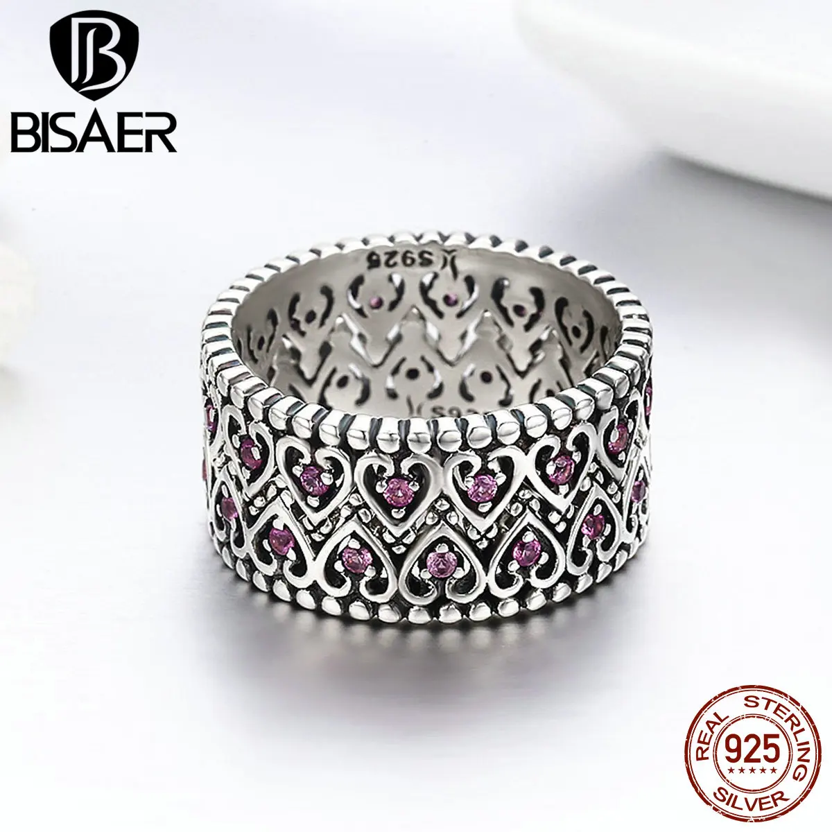 BISAER, винтажное Анель, 925 пробы, серебряная, королева, принцесса, корона, сердце, проложить, Женское кольцо для женщин, свадебное, обручальное, ювелирное изделие