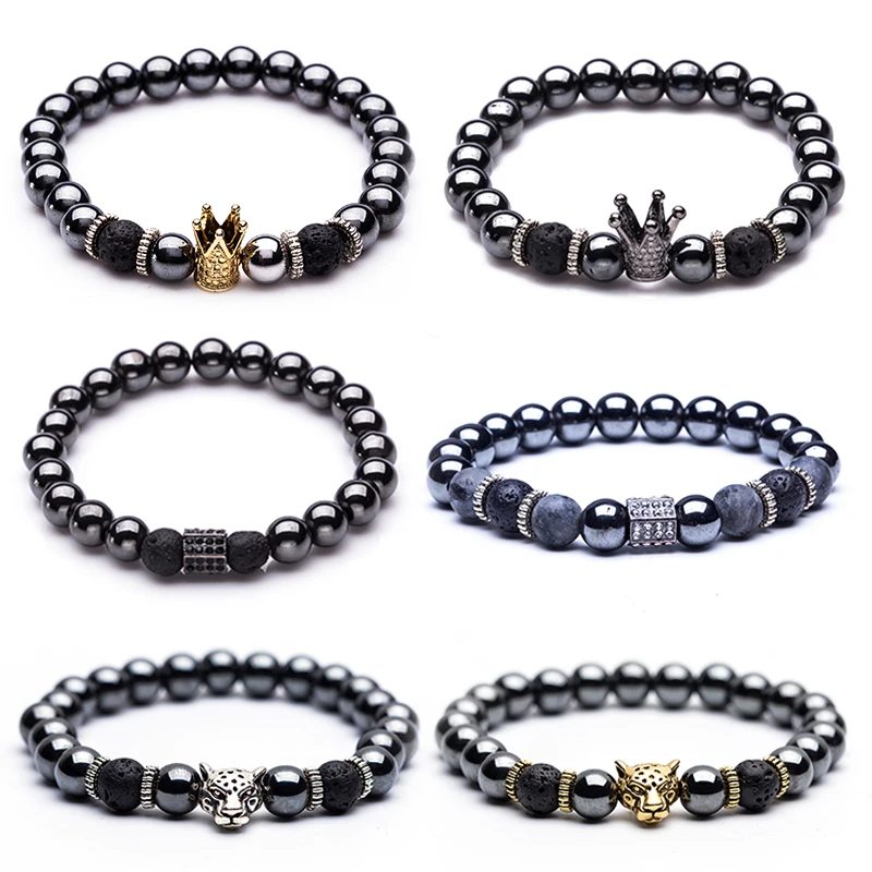 Браслет из гематита золотой и серебристый цвет пантера Корона Подвеска Шарм