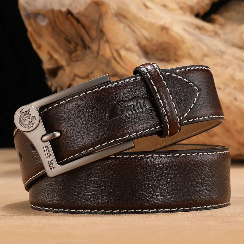 FRALU Men belt High Quality cow genuine leather luxury strap male belts for men new fashion classice vintage pin buckle - Цвет: Темно-коричневый