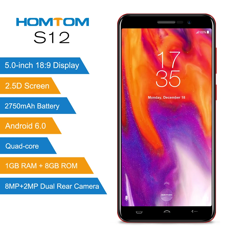 HOMTOM S12 5 0 дюймов 18:9 полный Экран смартфон 2750 мАч 1 Гб + 8 MTK6580 Quad core 8MP двойной камеры