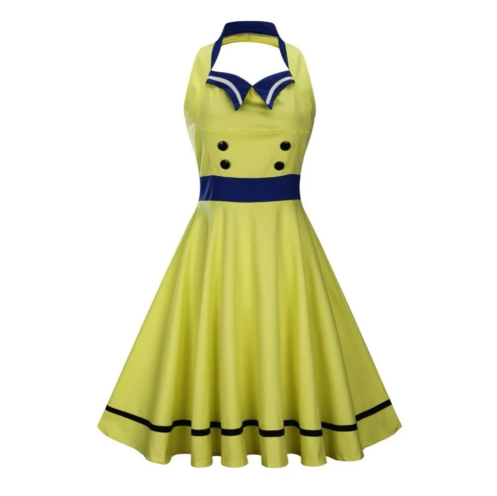Для женщин Холтер Sailor Винтаж платье в полоску и пуговицы Pin up 1950 50 s ретро свободное платье с открытой спиной без рукавов Лето платья для вечеринок