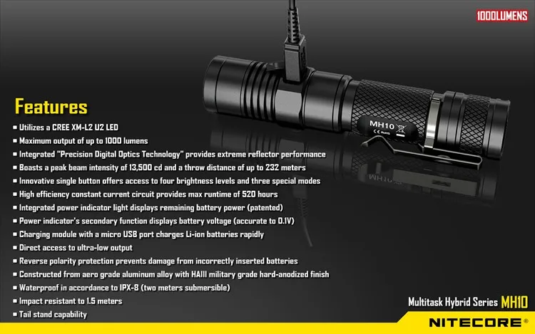 Топ продаж NITECORE MH10 1000 люменов U2 светодиодный наружный перезаряжаемый портативный фонарик USB кабель для зарядки 18650 аккумулятор