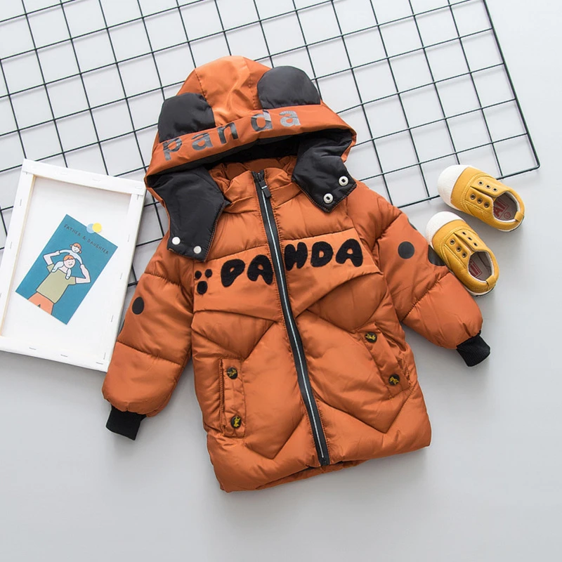 Модное теплое Утепленное зимнее Детское пальто с капюшоном и рисунком детская