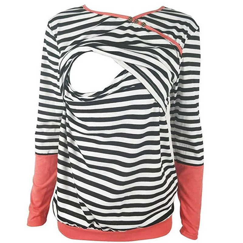 

Nursing Tops Tees Maternity Nursing Shirts Striped Cotton Pregnancy t shirt Breastfeeding Clothes for Pregnant Women Size S-2XL