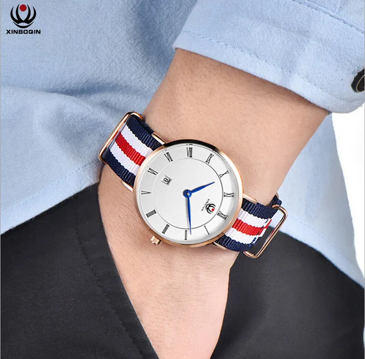 

XINBOQIN Brand Neutral Designer Canvas Watches Men Casual Nylon Wrist watch Roman Number 2-Hand Watch Ultra-thin Calendar Reloj