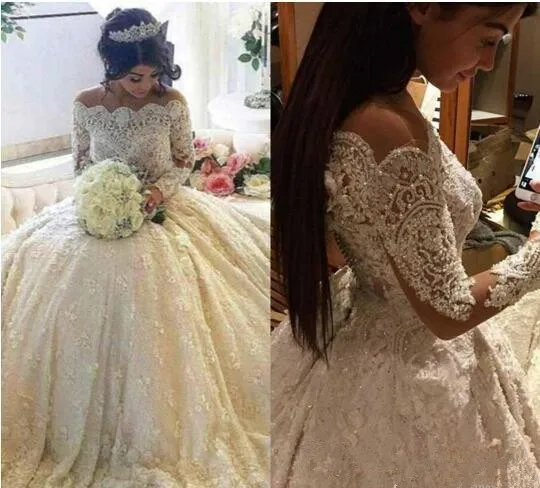 

Luxury Vintage Full Lace Wedding Dresses Off Shoulder Bateau Long Sleeves Ball Gown Bridal Gowns With Beaded Pearls chapel Train