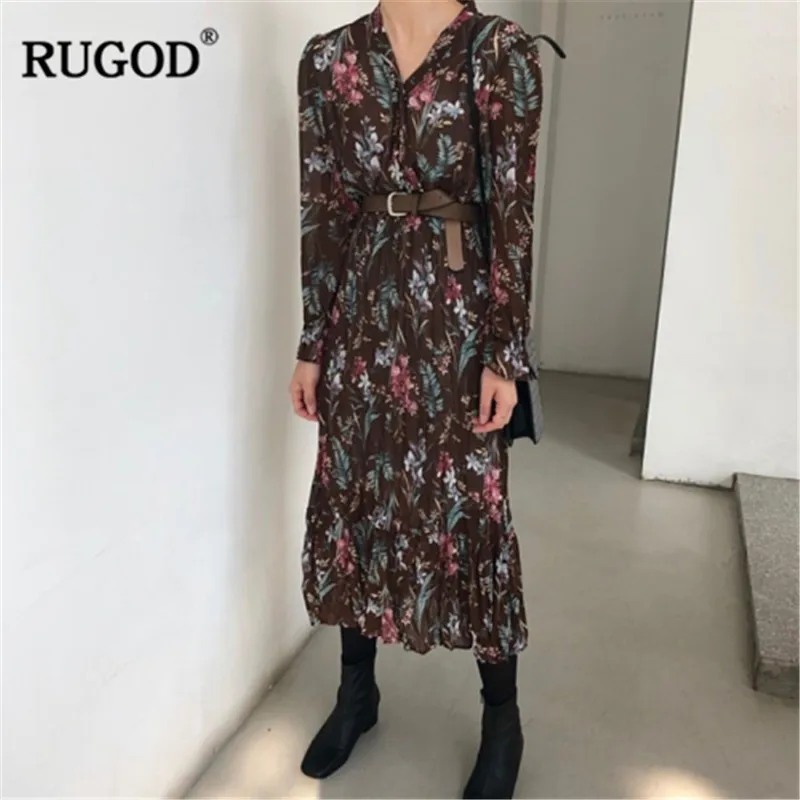 RUGOD платье летнее Винтаж цветочный принт для женщин Мода V образным вырезом