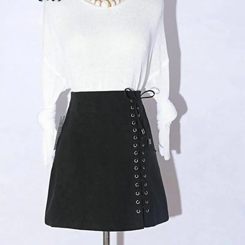 2018 весенние бархатные трапециевидной формы Кружево-Up Мини-юбки Высокая талия на