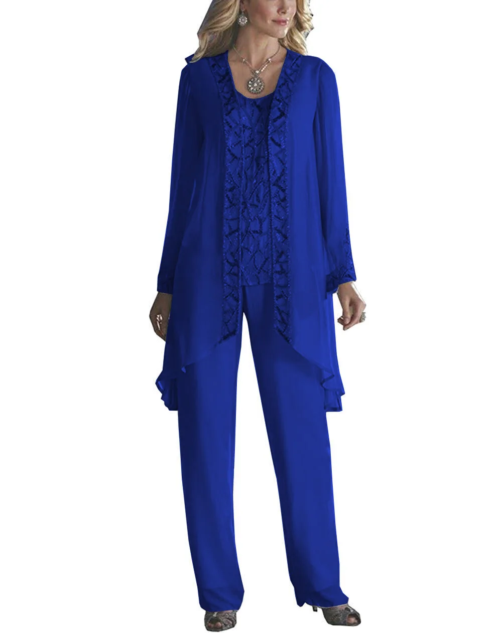 royal blue Женский элегантный шифоновый костюм из 3 предметов с блестками, платье для матери невесты, брюки, костюм в пол для свадьбы, жениха - Цвет: royal blue