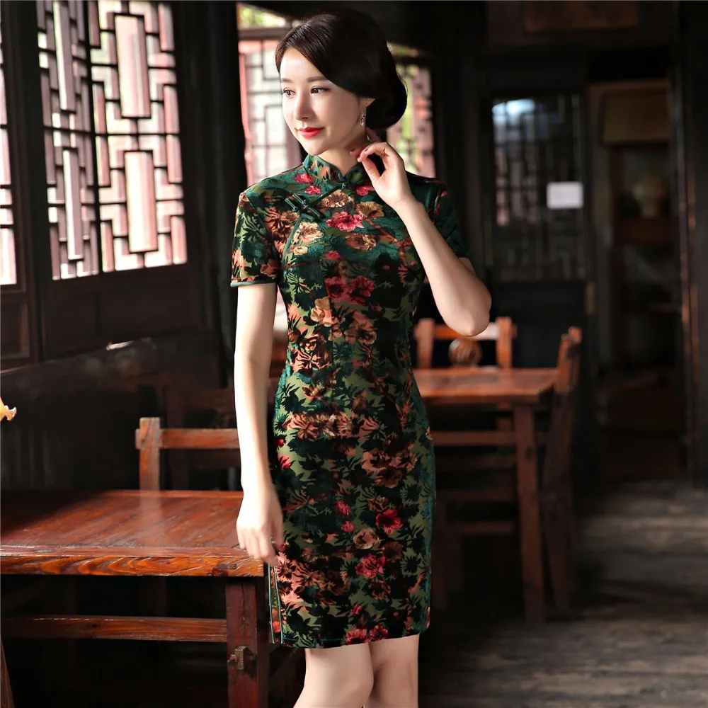Шанхай история 2019 из искусственного шелка Короткие платье Чонсам с коротким