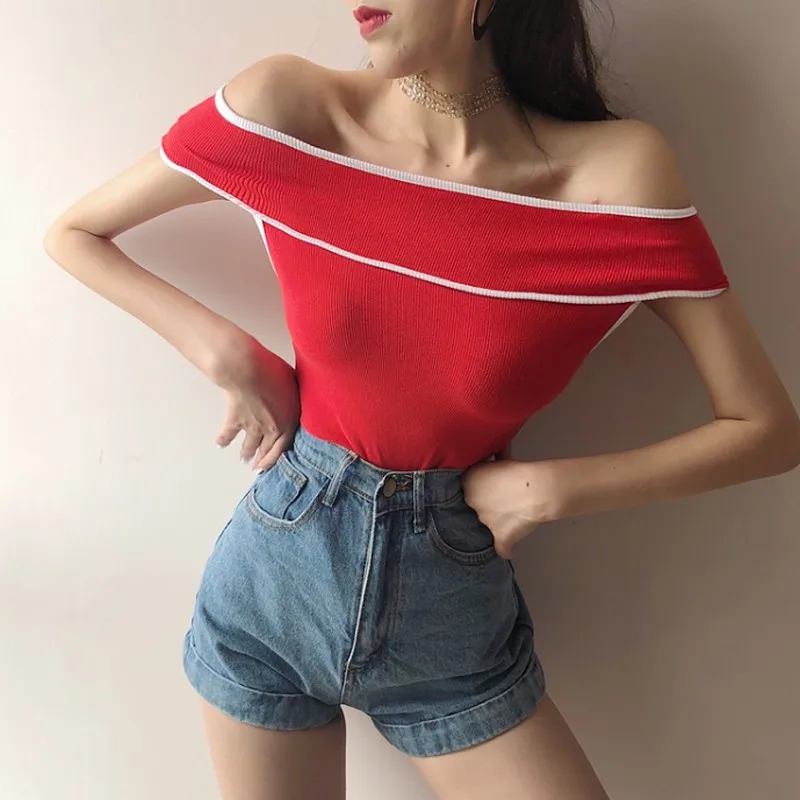 Сексуальная Слэш шея с открытыми плечами 4 цвета модная женская футболка лето