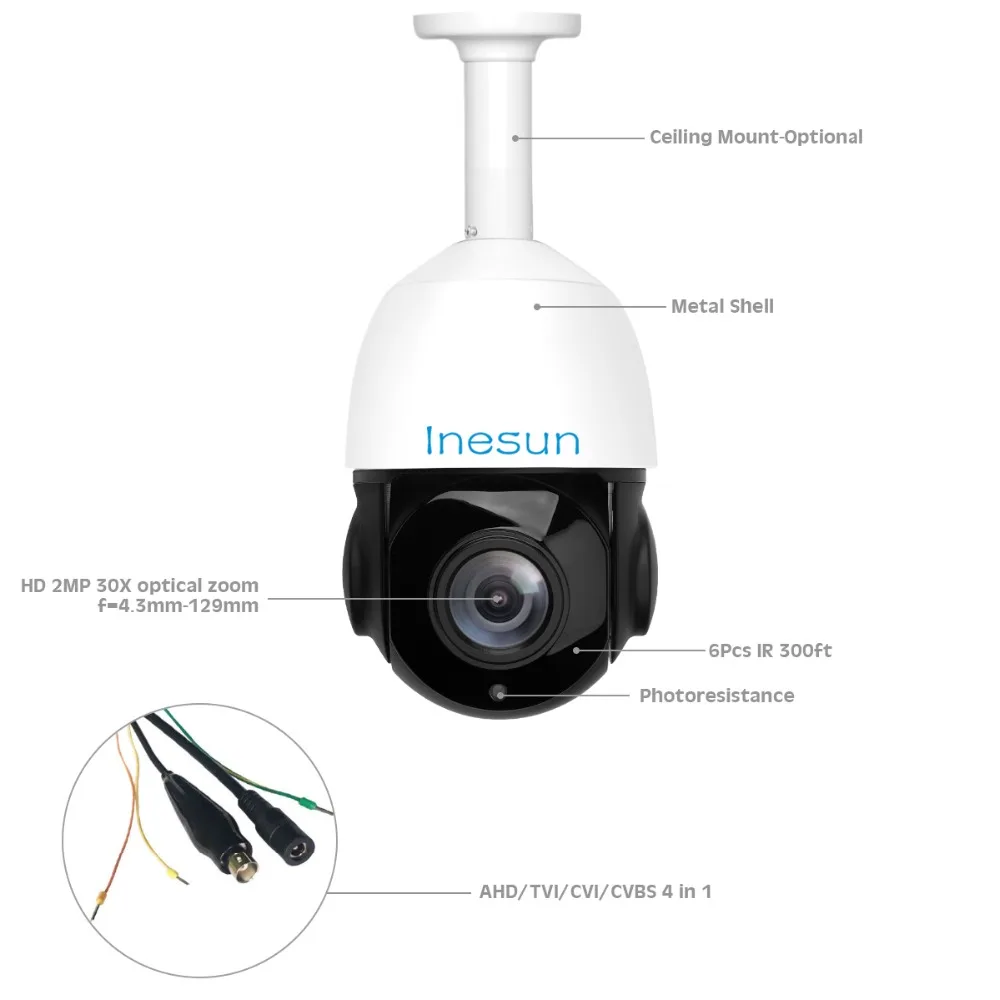 Inesun камера видеонаблюдения 4 в 1 HD TVI/AHD/CVI/CVBS 2MP 1080P 30X оптический зум ИК