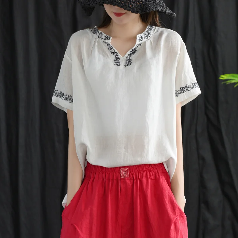 Женские одноцветные винтажные футболки с коротким рукавом и цветочной вышивкой