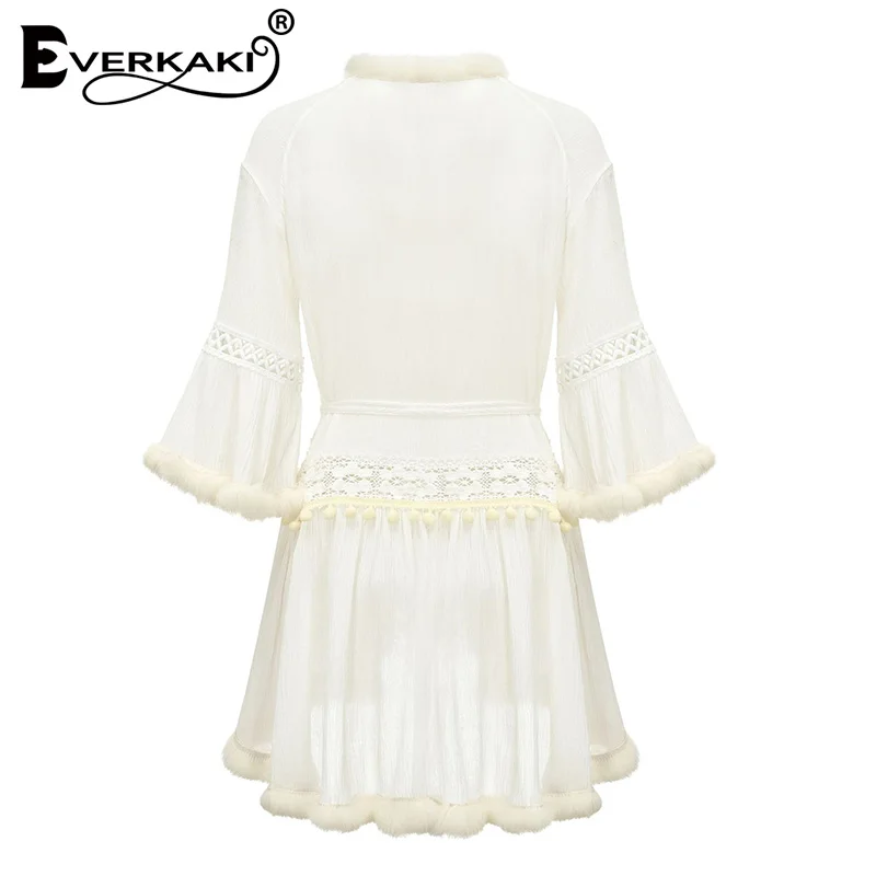 Everkaki белое кружевное женское платье с расклешенными рукавами Boho короткое