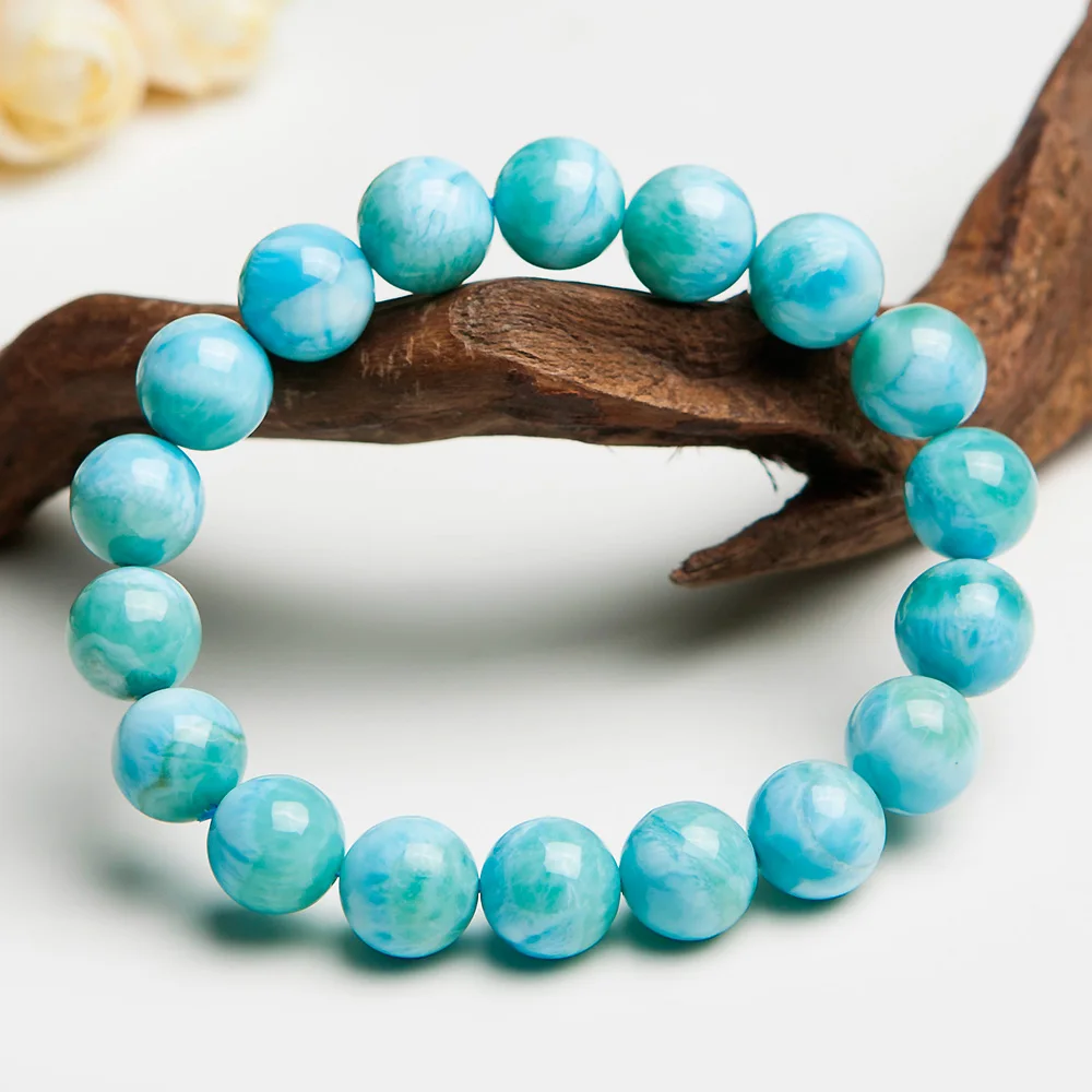 11mm Natural Larimar Blue Beads Bracelet From Dominica Gemstone Healing Stretch Water Pattern AAAAAA | Украшения и аксессуары
