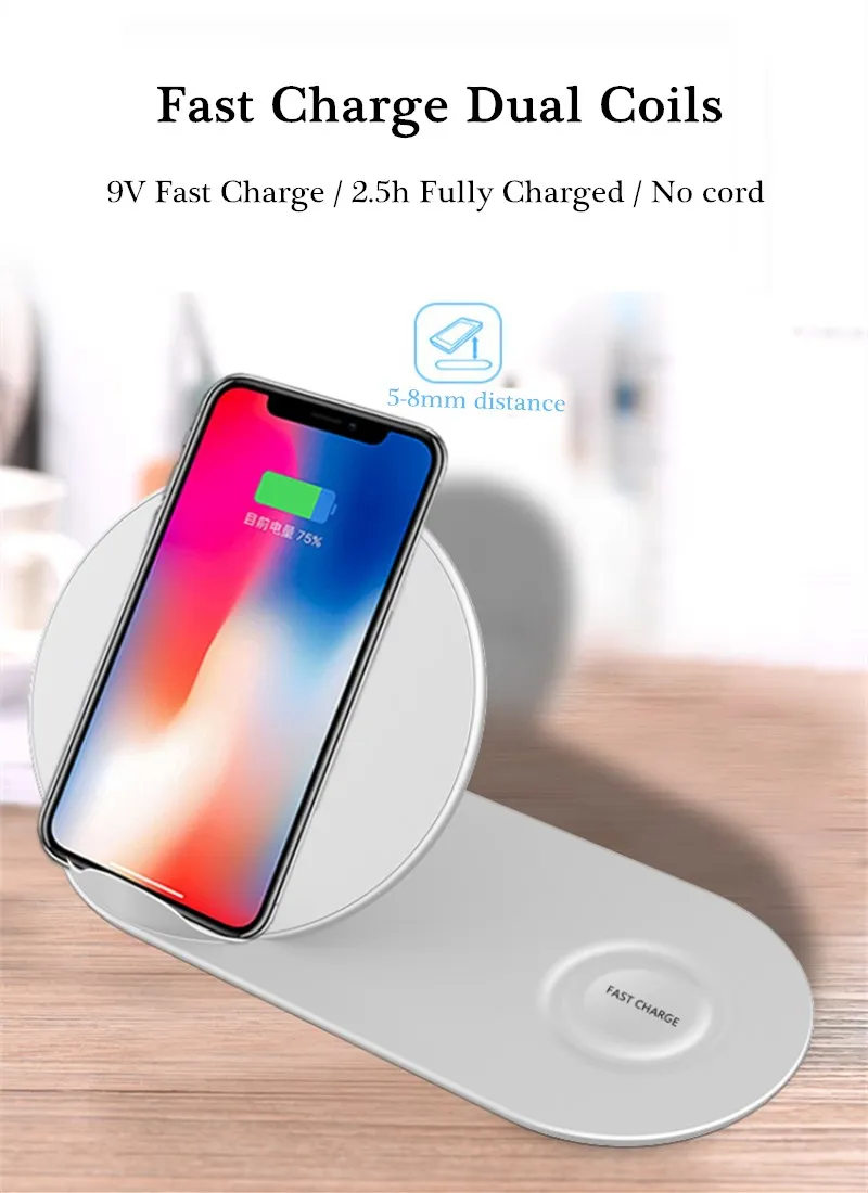 Qi Беспроводное зарядное устройство для iPhone X 8 Plus 2 в 1 держатель быстрой зарядки