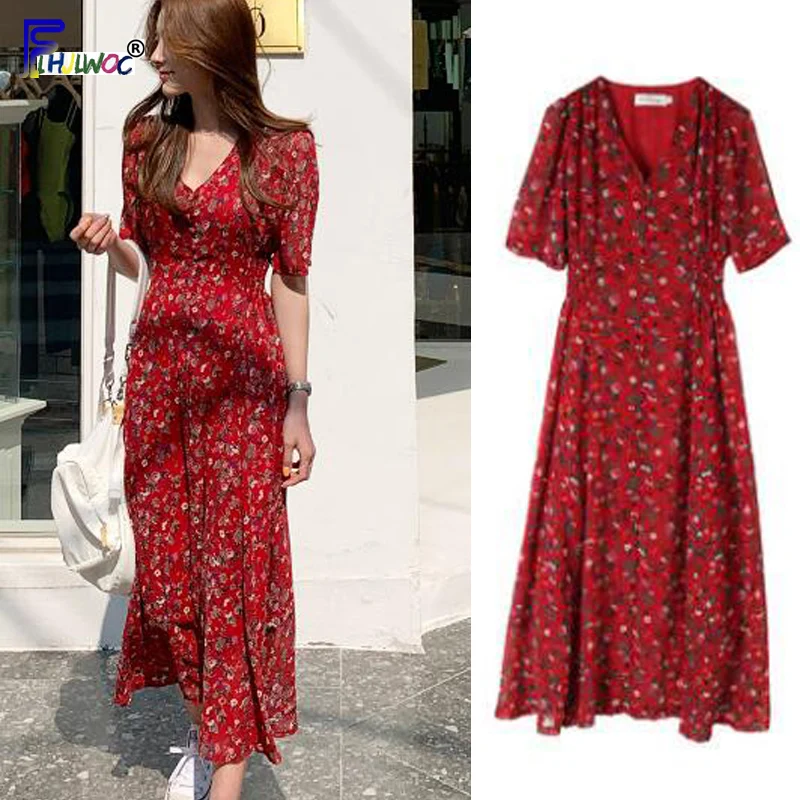 

Женское шифоновое платье, длинное винтажное красное платье трапециевидной формы, с цветочным принтом в Корейском стиле, 610