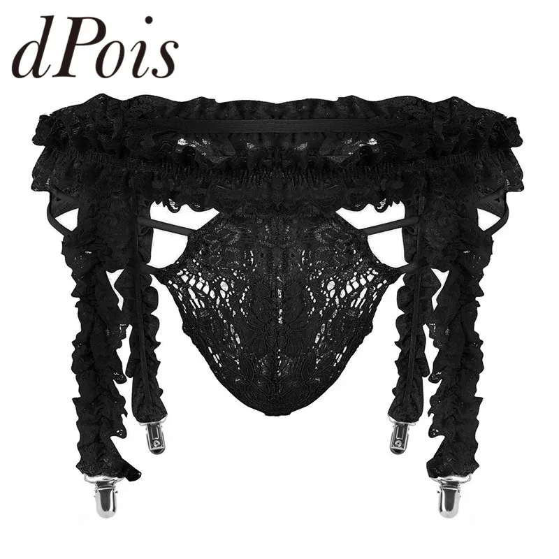 

Комплект мужского нижнего белья, 2 шт., нижнее белье Sissy г., мужские трусы с оборками, 4 зажима, пояс с подвязками и бикини, стринги, сексуальные ...