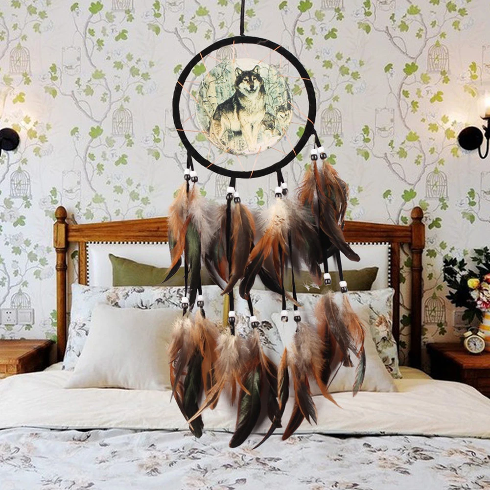 60 см волк Тотем Ловец снов подарок ручная работа сетка с перьями настенный