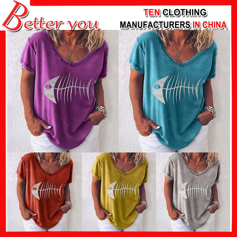 2019 Летняя женская футболка с короткими рукавами и круглым вырезом принтом рыбьей