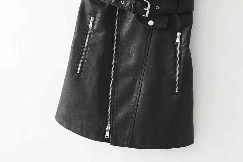 Aelegantmis Cool Slim Autumn PU Leather Dress Women Black Fall Short Leather Overalls Dress Female
