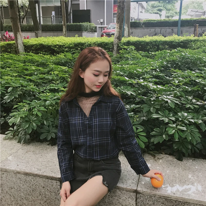 Rugod Новое поступление Для женщин сетки лоскутное Винтаж Рубашки в клетку длинный