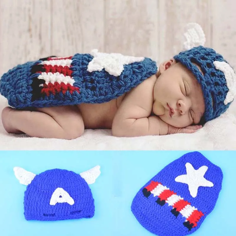 Crochet Pattern Captain America Newborn Photo Prop Outfit Knitted Baby Hat with Cape Handmade Infant Costume Set H231 | Детская одежда
