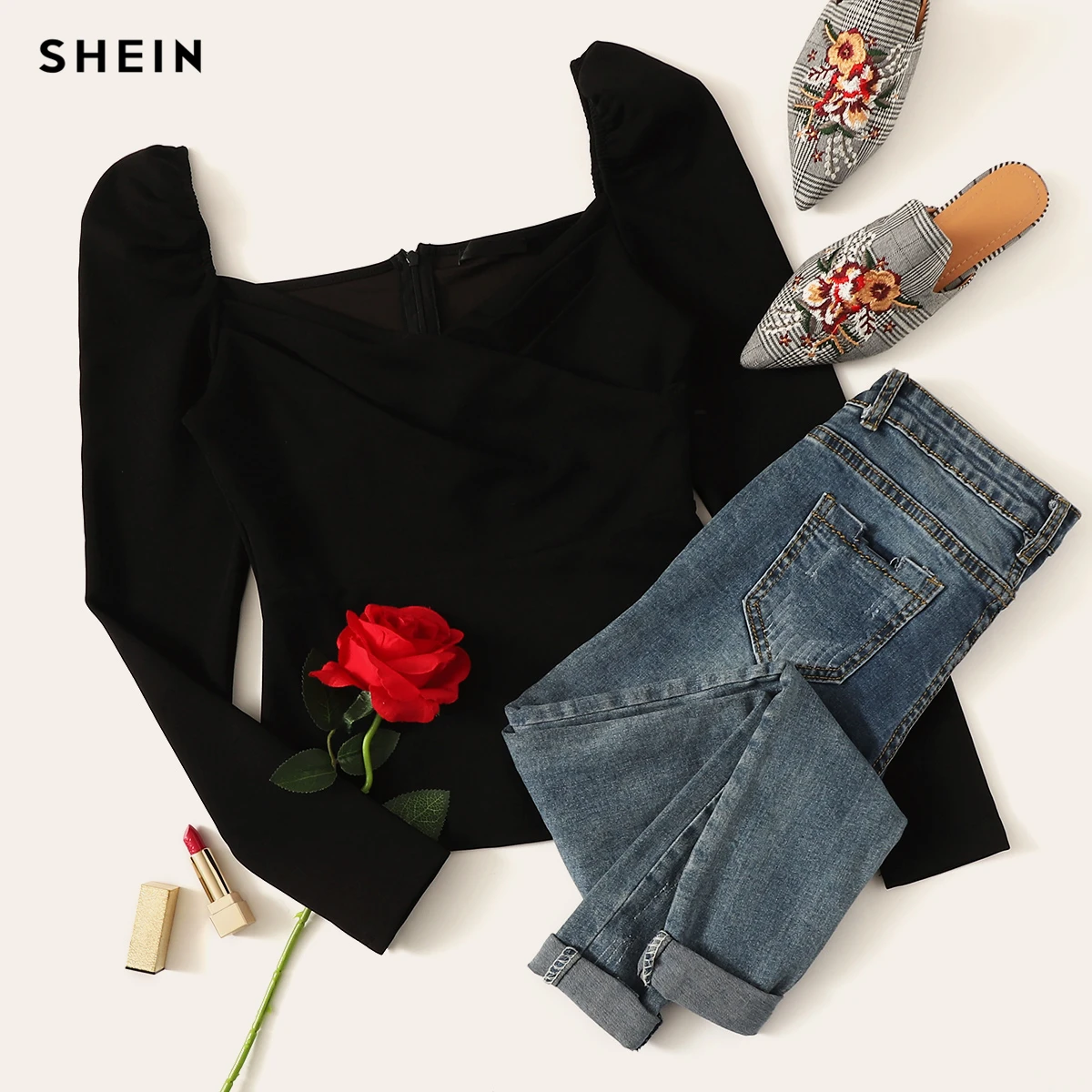 SHEIN Приталенный Топ На Молнии С Оригинальным Рукавом Сексуальные Женские Осенние