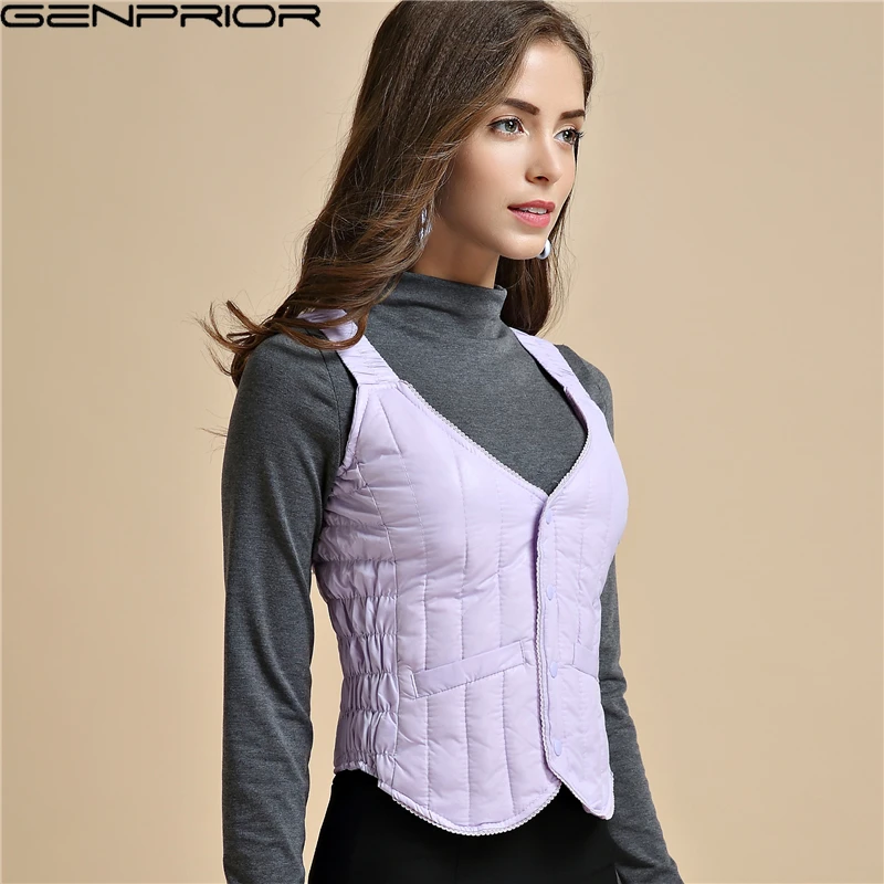 light purple GENPRIOR Осень Зима женский хлопковый короткий жилет без рукавов пуховик женский v-образный вырез тонкий теплый повседневный жилет внутренняя подкладка - Цвет: light purple