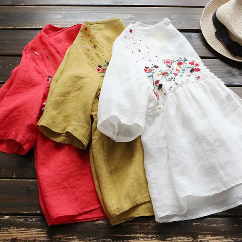 Блузка женская с цветочной вышивкой удобная рубашка из хлопка и льна в