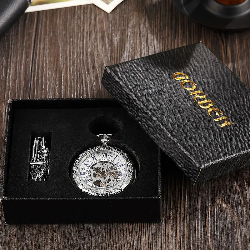Vintage Silver Delicate Engraved Case Steampunk Hand Wind Mechanical Pocket Watch Necklace With Chain Skeleton For Men Women