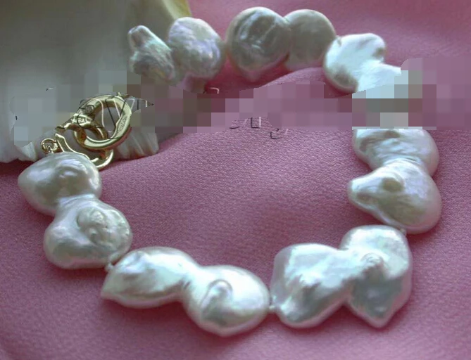 huij 001186 8&quot Genuine Natural White coin Pearl Bracelet 14k | Bracelets