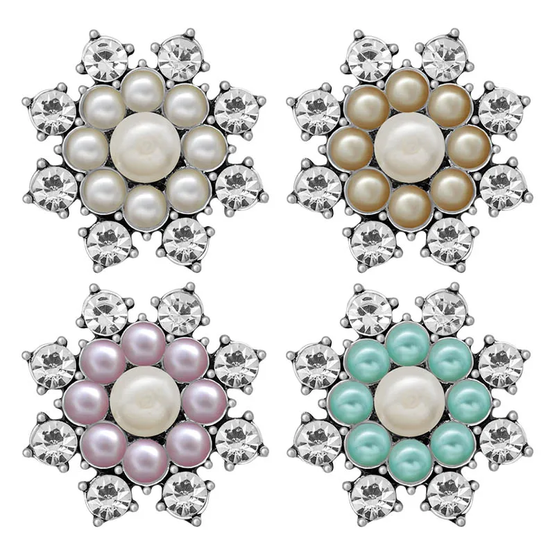 

KZ3409 New Beauty Snowflake style Rhinestone pearls 18mm snap buttons fit 18mm snap necklace jewelry wholesale Women Gift