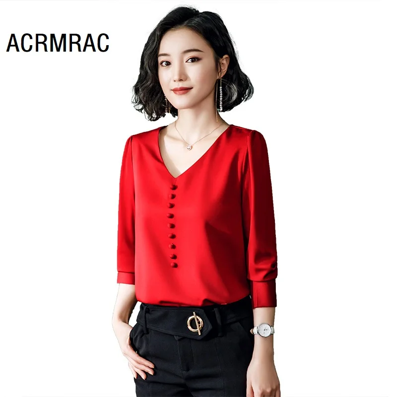 Women shirt Slim summer Long sleeve V-Neck Ruffle Solid color OL Blouses & Shirts Women 0593