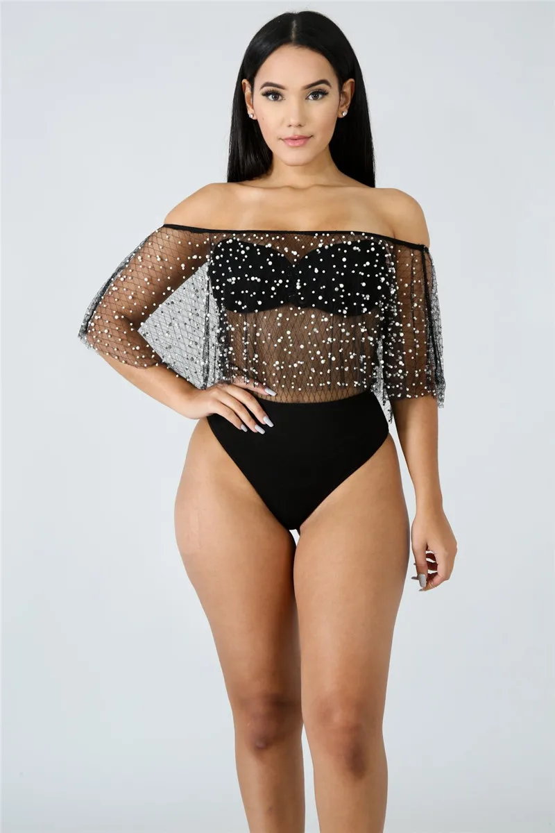 Жемчуг бисер пикантные женский костюм с сеткой с открытыми плечами See Through Bodycon комбинезон лоскутное черный элегантный ночной клуб Боди